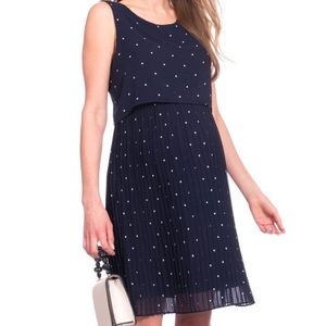 Seraphine Dark Blue Pleated Midi Dress with Dots